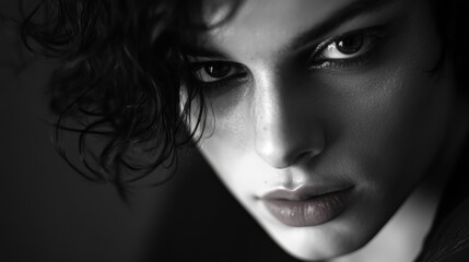Intense Black and White Portrait of a Young Person with Curly Hair
