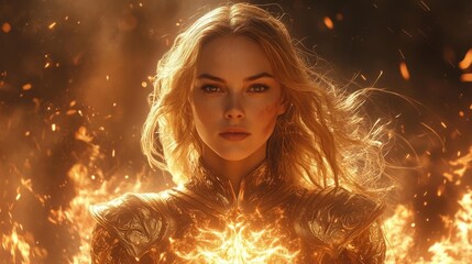 Warrior Woman in Golden Armor. Generative AI