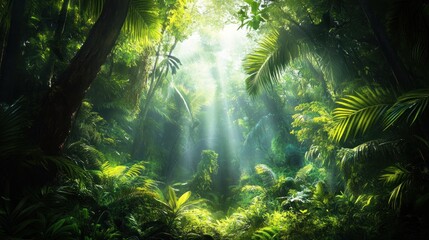 Fototapeta premium Lush Tropical Rainforest: Sunlight Through Canopy