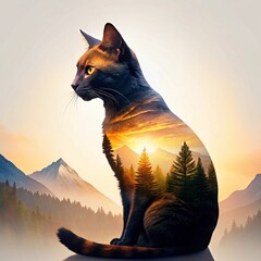 Serene Conceptual Art: Black and Brown Cat Silhouette Merging with Mountains, Trees, and a Setting Sun in a Minimalist Landscape