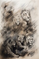 A Fierce Lions Gathering Stares Intently Into The Distance On A Cloudy Day Of Haze.
