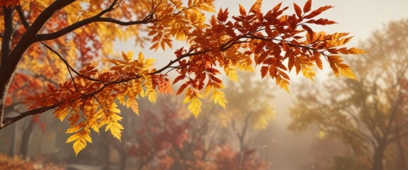 A colorful autumn branch with vibrant leaves against a warm background, foliage, nature, colors