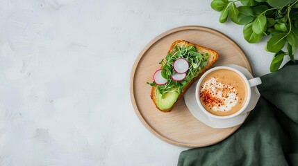 A cozy plantbased breakfast of avocado toast topped with radishes, sprouts, and chili flakes