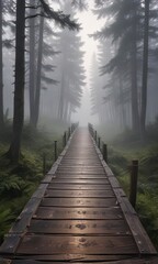 Foggy fir forest at dusk with old wooden bridge, retro, forest path, rustic