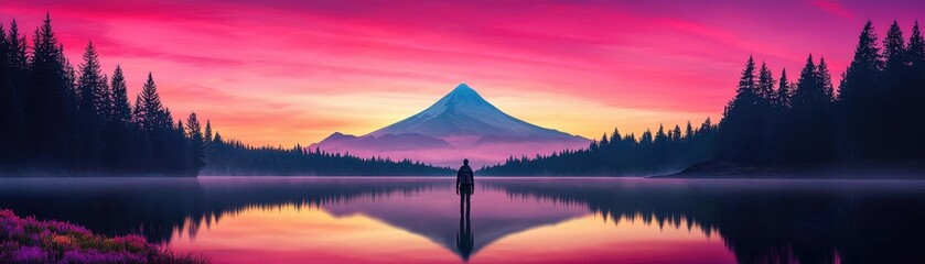 Fototapeta premium Majestic Pointed Mountain Reflected in Calm Lake at Sunrise Surrounded by Serene Pine Trees and Soft Fog in an Idyllic Landscape