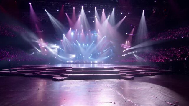 Dynamic stage lighting beams shine dramatically in an empty concert hall, creating a mesmerizing atmosphere. Perfect for event, theater, and concert design visuals.
