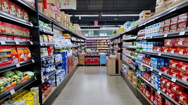 brightly lit supermarket aisle lined with shelves full of colorful bottled beverages and packaged goods, creating a vibrant and organized shopping environment.