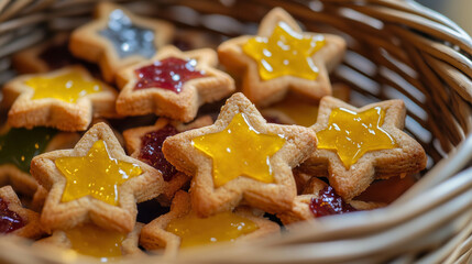 Christmas linzer star cookies with marmalade filling in wicker basket