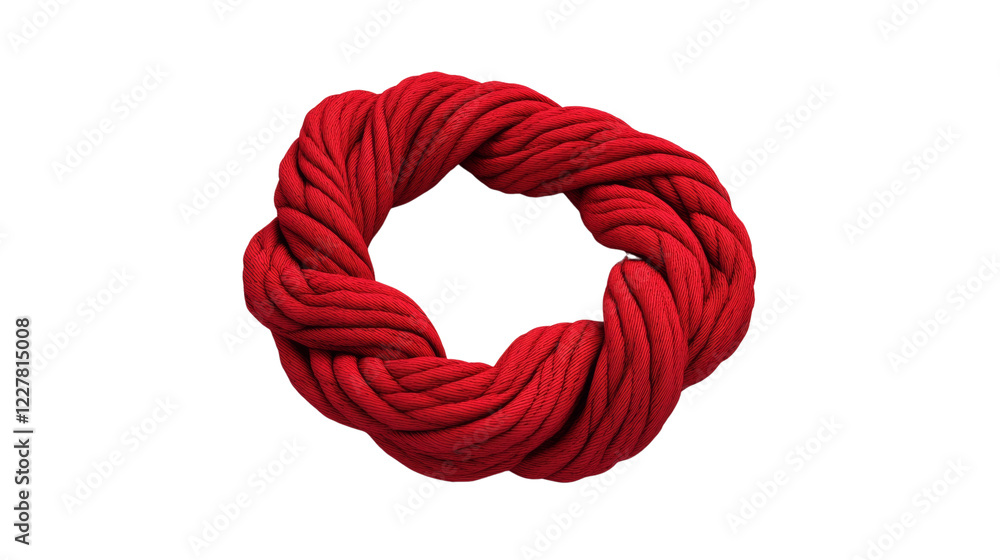 Poster a circular arrangement of thick red rope is intricately twisted and forms a visually striking patter