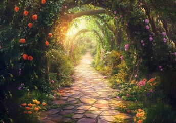 Enchanted Floral Archway in Lush Garden Setting