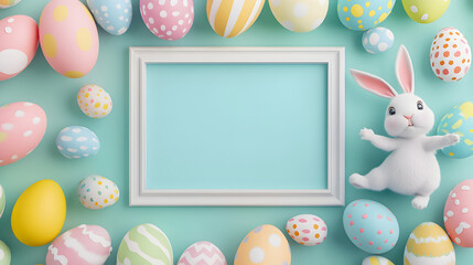 un porta retrato vacio con espacio de copia con un marco de huevos de pascua decorados en colores pastel con un conejo de pascua divertido color blanco
