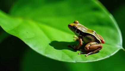 Obraz premium Dark frog shadow stretching across broad leaf, contrast, sunlight, detail