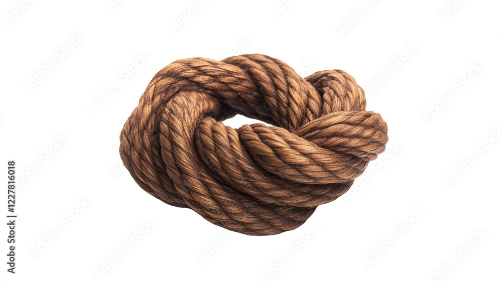Aufkleber a close up image of a thick brown rope intricately twisted into a circular shape against a black bac