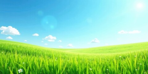 Obraz premium Serene Landscape Vibrant Green Meadow Under a Sunny Sky with Fluffy White Clouds