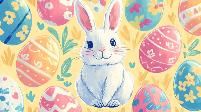ilustracion para celebrar la pascua con dibujos de huevos decorados y un conejo de pascua fondo colorido y adorable infantil