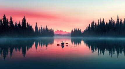 Naklejka premium Misty Morning Canoeing on a Tranquil Lake Surrounded by Silhouetted Trees and Majestic Mountains at Dawn