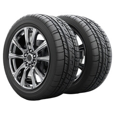 Obraz premium Two Chrome Car Wheels with Black Tires on Black Background,