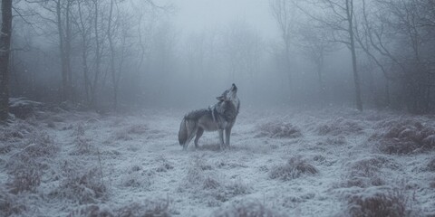 Majestic wolf howling in snowy forest winter wonderland wildlife serene environment atmospheric viewpoint nature's beauty