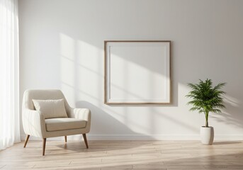 Minimalist Interior Design With White Wall Blank Picture Frame Sunlight Shadows and Natural Textures
