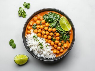 A bowl of coconut curry with chickpeas, spinach, and rice, garnished with lime wedges