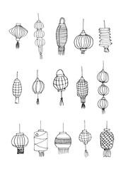Set of hand-drawn Chinese lanterns large set