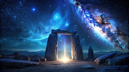 Obraz premium Glowing portal in vast dark space with rock formation and starry sky background, emitting mysterious energy