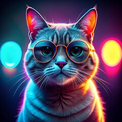 Futuristic Black Cat Wearing Glasses Surrounded by Neon Light Background: A Cool and Vibrant Neon Art Visual Perfect for Cat Lovers and Modern Art Enthusiasts