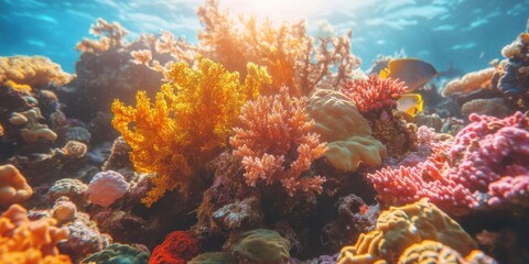 Naklejka premium Exploring vibrant coral reefs underwater paradise nature ocean environment close-up view marine life conservation