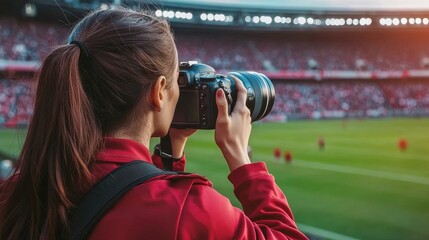 Passionate sports photographer capturing a soccer match action in a vibrant stadium filled with enthusiastic fans