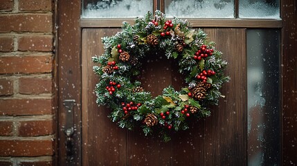 festive winter wreath adorning a rustic door