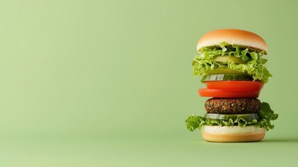 A closeup of a vegan burger stacked with lettuce, tomato, avocado, and a homemade patty