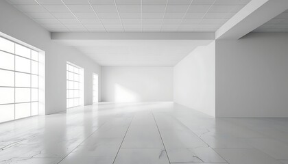 Empty room with white walls, concrete floor and large window. 3d rendering