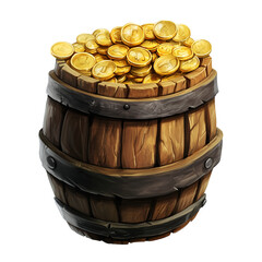 Golden Coins Overflowing From a Wooden Barrel in a Treasure Scene - Watercolor Illustration, Isolated on White Transparent Background, PNG