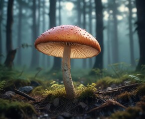 Fototapeta premium Softly glowing luminescent mushroom in a misty forest background with silk texture, natural serenity , eerie quiet