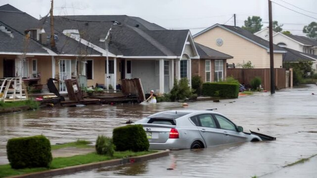 Residential Street Submerged in Floodwaters After Heavy Rain, with Abandoned Cars and Floating Debris Depicting the Impact of Natural Disasters.
