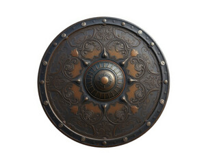 Naklejka premium ancient round iron shield isolated on white background, circular shield, antique metal
