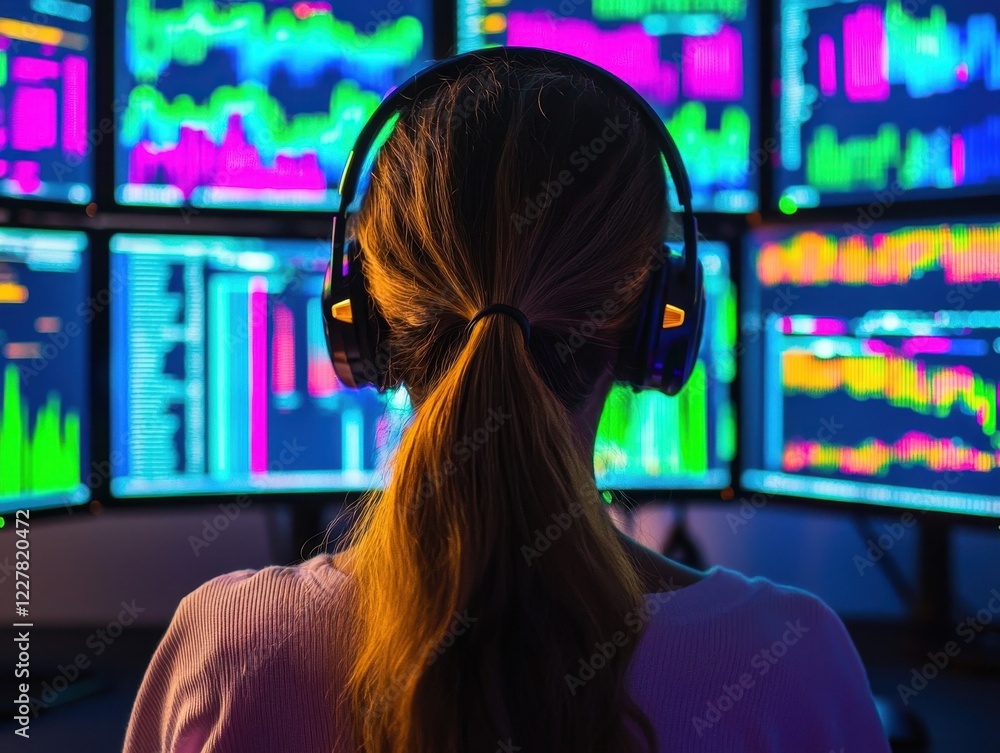 Poster professional analyzing financial data on multiple computer screens with headphones in modern workspa