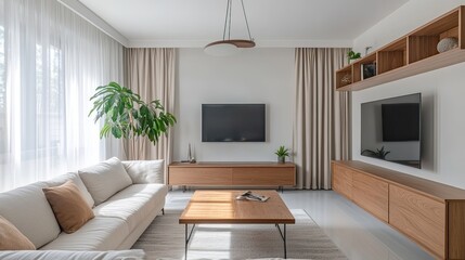 Fototapeta premium Modern living room, sunlight, wooden furniture, TV, interior design, home decor, windows, plant, relaxation