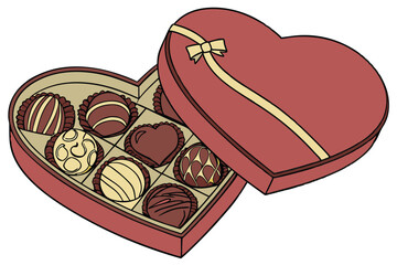 Heart-shaped box of chocolates, assorted gourmet truffles, Valentine's Day gift, luxury confectionery, top view, high detail, rich colors, various textures, spherical and shaped chocolates, red heart 