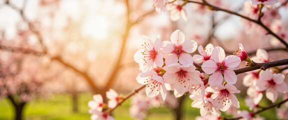 Almond blossom tree shedding golden pollen in orchard, seasonal beauty