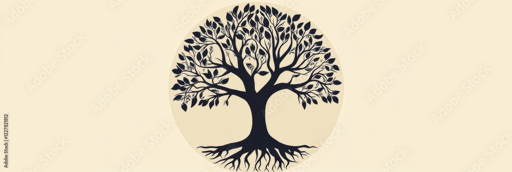 Poster symbolic tree of life design illustrating intricate roots and branches in a serene circular composit