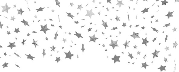 Abstract pattern of random falling silver stars on white background.