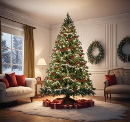 Snow covered Christmas tree in a decorated room, colorful lights, cozy atmosphere, garlands