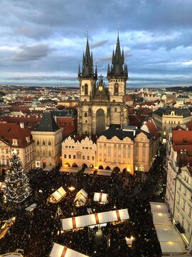 Christmas market from above in Prague, Czech Republic 