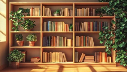 Fototapeta premium Sunlit Bookshelf with Plants: A Cozy Reading Nook