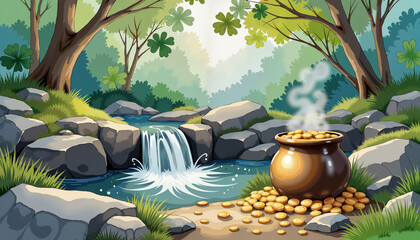 Obraz premium Pot of gold near cascading waterfall in lush forest, St. Patrick's Day magic