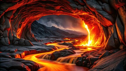Smooth, flowing lava flows through a dark, rocky cave, illuminating the surrounding walls with a fiery glow, warm tones, cave, flowing