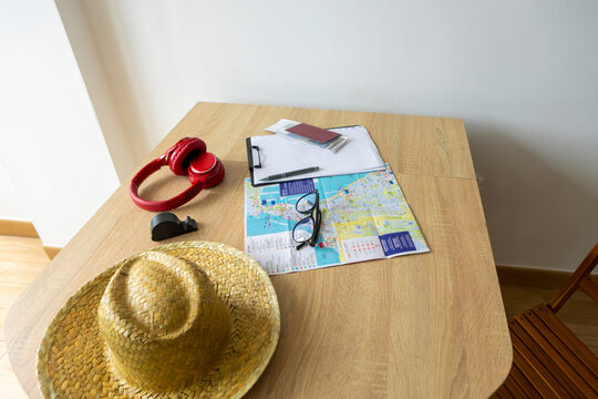 Preparing holiday journey with travel essentials