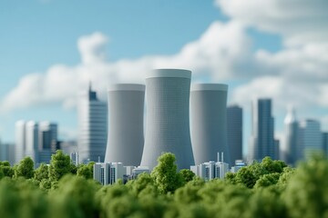 Naklejka premium Nuclear reactors drive energy innovation. Modern cooling towers amidst a city skyline and lush greenery.