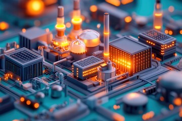 Nuclear reactors drive energy innovation. Miniature futuristic industrial landscape with glowing elements.